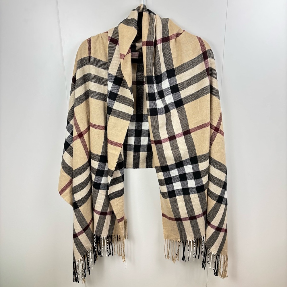 Royal Rossi Nova Check Plaid Cashmere Wrap Scarf Fringed Shawl Tartan Tan Black